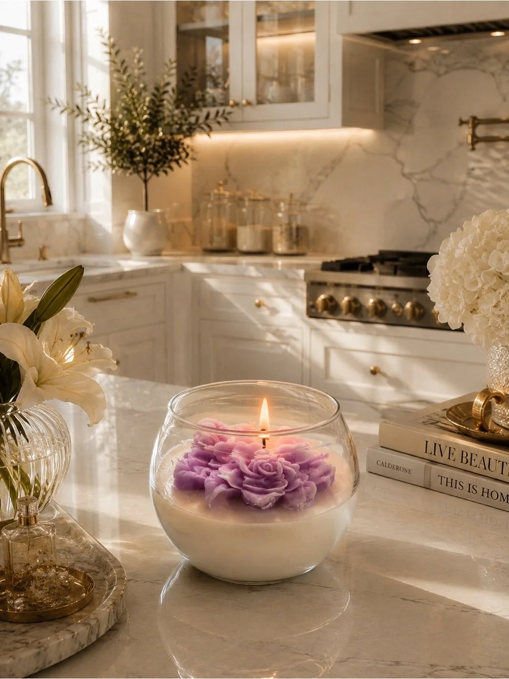 Pink Floral Glass Candle Bowl - Elegant Home Accent